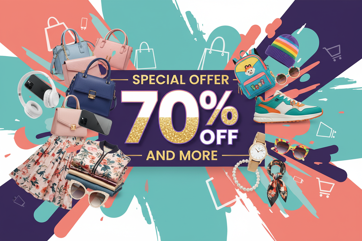 Add attractive image for banner a online shopping site with some bags electronics fashion sunglasses shoes kids and women accessories add special offer for 70% and more products